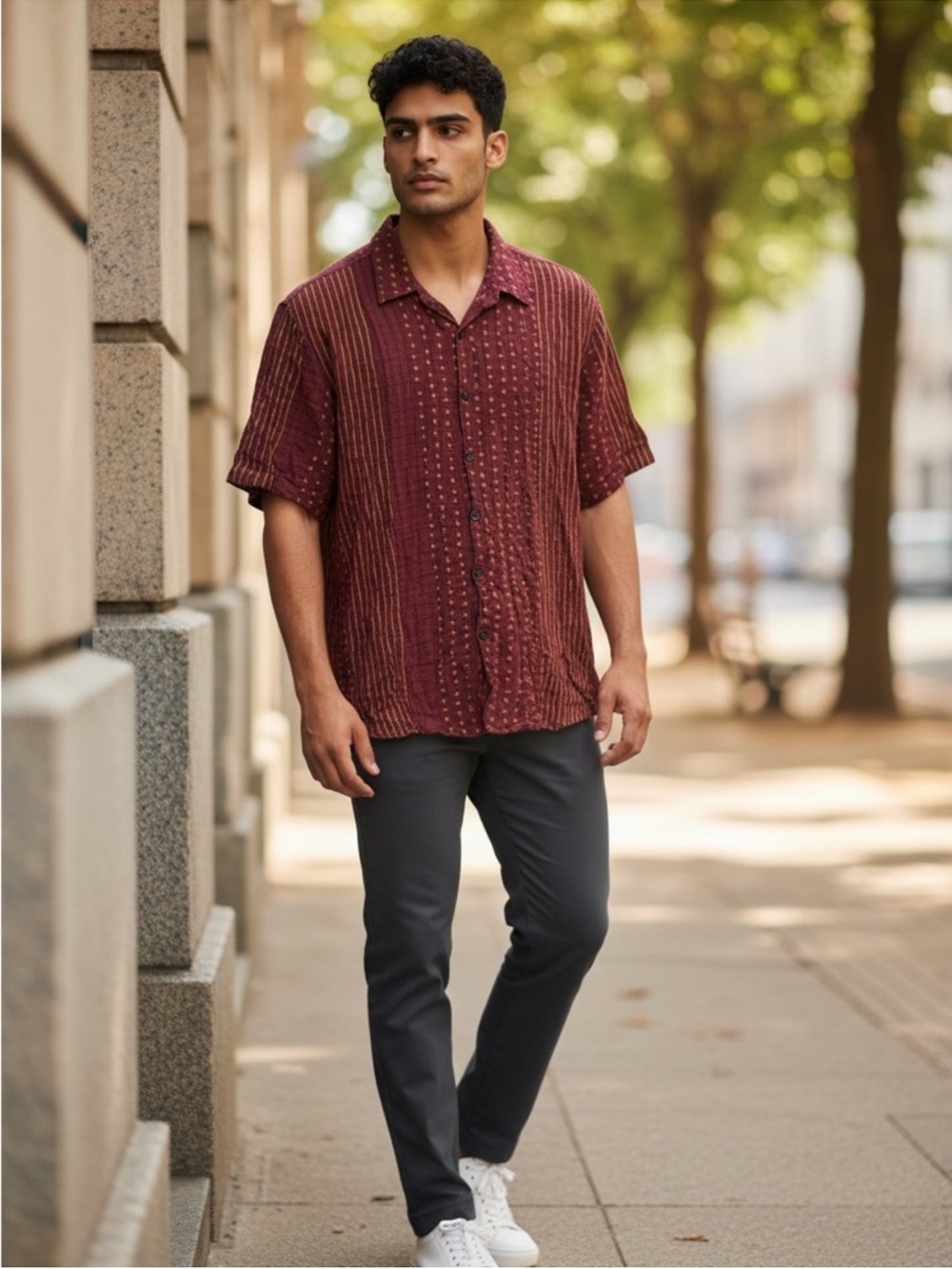 Men's Casual Short-Sleeve Button-Down Shirt in Burgundy